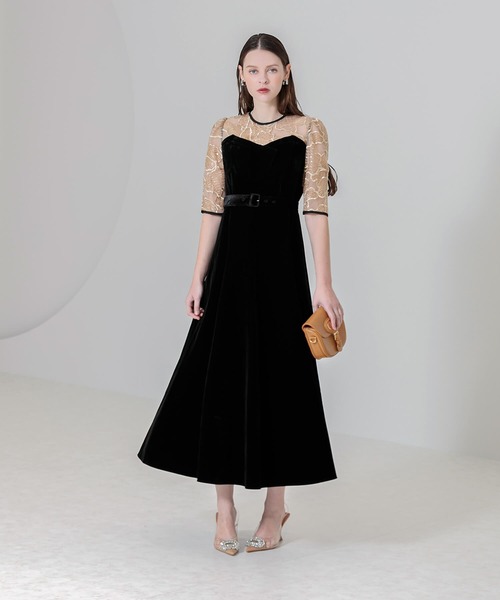 セール】【LEJA】ビスチェ風ウエストベルト付き花柄レースキラキラ刺繍