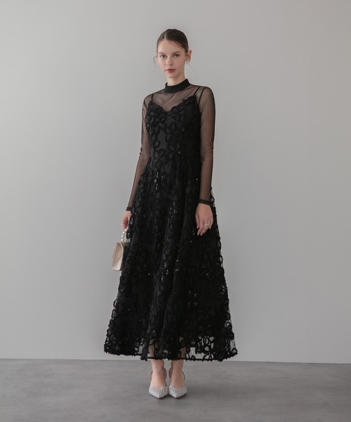 セール】【LEJA】シアーフラワーレースレイヤードワンピースドレス2点