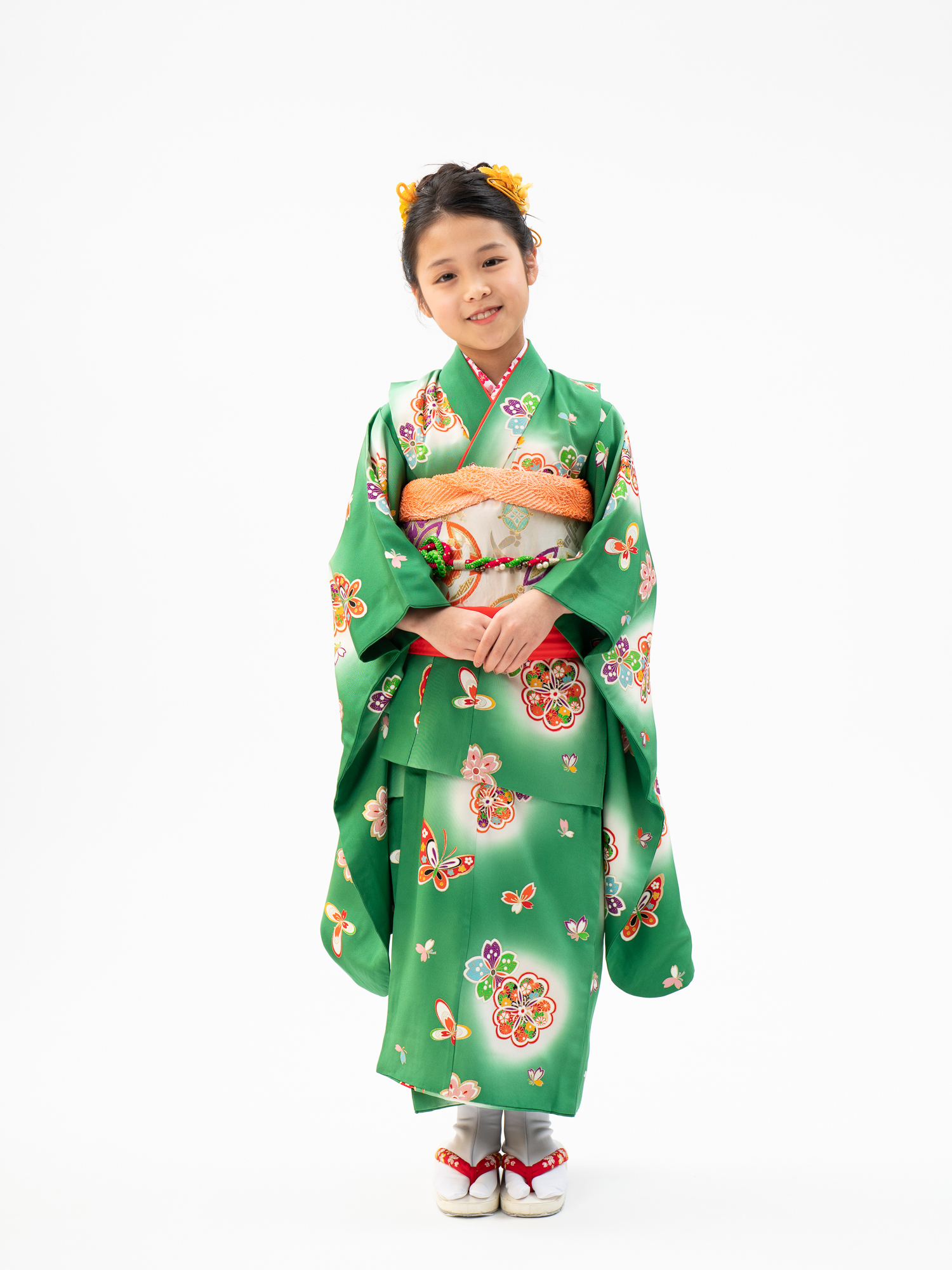 7歳女の子の高級着物レンタル】七五三の着物・正絹（シルク） 緑地